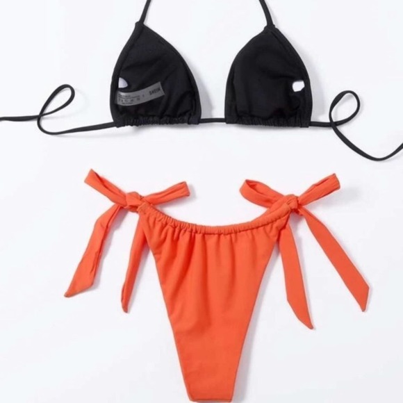 Orange Halter triangle padded black side tie ruched lined thong swimsuit Sz S - Picture 3 of 6